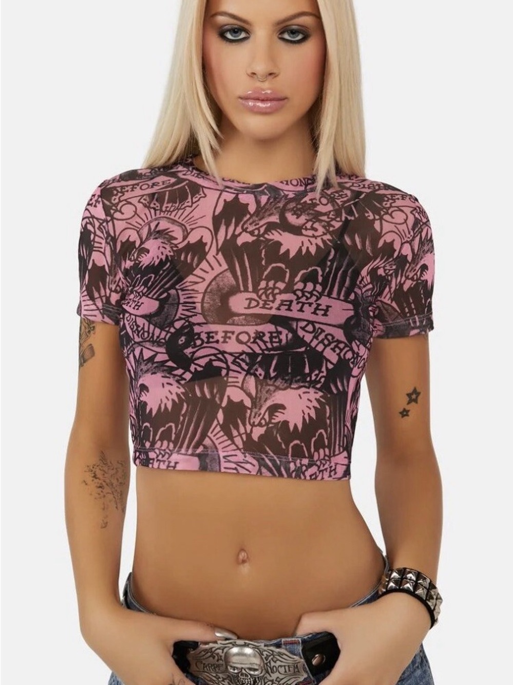Ed Hardy DBD Eagle Crew Pink Cropped Power Mesh Top